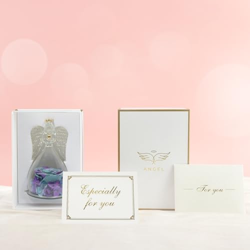 Sunia Preserved Flower Rose Birthday Gifts for Mom, Glass Angels Figurines Gifts for Women Grandma Mothers, Forever Real Flowers Unique Gifts for Valentine Mother's Day Anniversary Thanksgiving ﻿