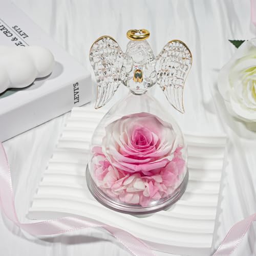 Sunia Preserved Flower Rose Birthday Gifts for Mom, Glass Angels Figurines Gifts for Women Grandma Mothers, Forever Real Flowers Unique Gifts for Valentine Mother's Day Anniversary Thanksgiving ﻿