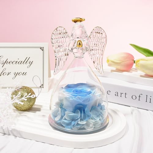 Sunia Preserved Flower Rose Birthday Gifts for Mom, Glass Angels Figurines Gifts for Women Grandma Mothers, Forever Real Flowers Unique Gifts for Valentine Mother's Day Anniversary Thanksgiving ﻿
