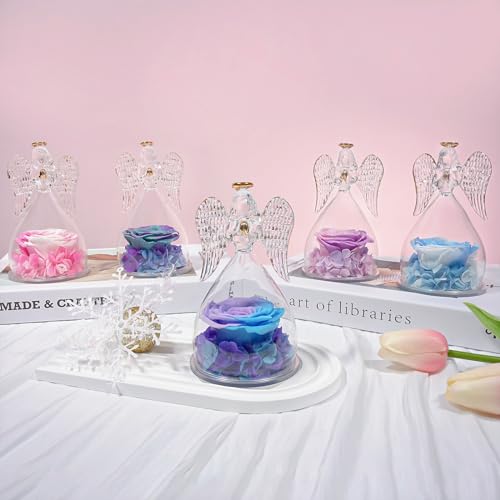 Sunia Preserved Flower Rose Birthday Gifts for Mom, Glass Angels Figurines Gifts for Women Grandma Mothers, Forever Real Flowers Unique Gifts for Valentine Mother's Day Anniversary Thanksgiving ﻿