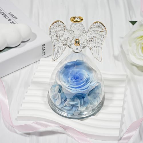 Sunia Preserved Flower Rose Birthday Gifts for Mom, Glass Angels Figurines Gifts for Women Grandma Mothers, Forever Real Flowers Unique Gifts for Valentine Mother's Day Anniversary Thanksgiving ﻿