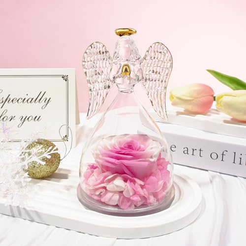 Sunia Preserved Flower Rose Birthday Gifts for Mom, Glass Angels Figurines Gifts for Women Grandma Mothers, Forever Real Flowers Unique Gifts for Valentine Mother's Day Anniversary Thanksgiving ﻿
