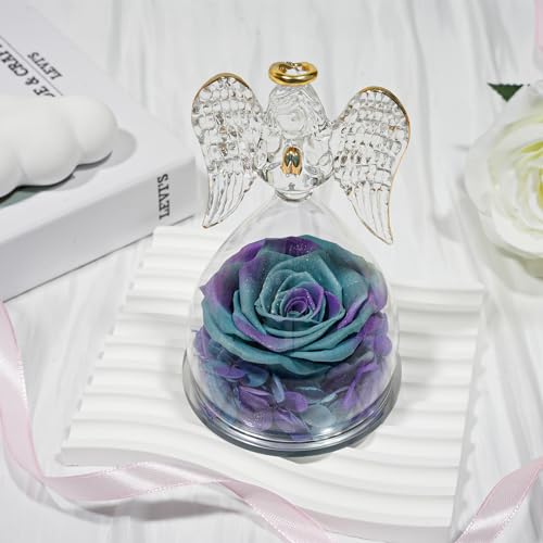 Sunia Preserved Flower Rose Birthday Gifts for Mom, Glass Angels Figurines Gifts for Women Grandma Mothers, Forever Real Flowers Unique Gifts for Valentine Mother's Day Anniversary Thanksgiving ﻿