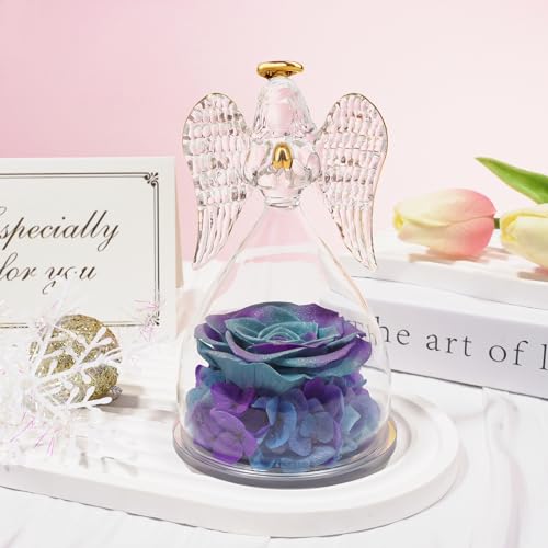 Sunia Preserved Flower Rose Birthday Gifts for Mom, Glass Angels Figurines Gifts for Women Grandma Mothers, Forever Real Flowers Unique Gifts for Valentine Mother's Day Anniversary Thanksgiving ﻿