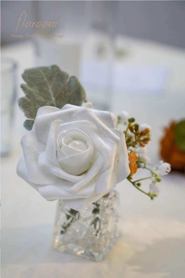 Floroom Artificial Flowers 25pcs Real Looking Ivory Foam Fake Roses with Stems for DIY Wedding Bouquets White Bridal Shower Centerpieces Arrangements Party Tables Decorations