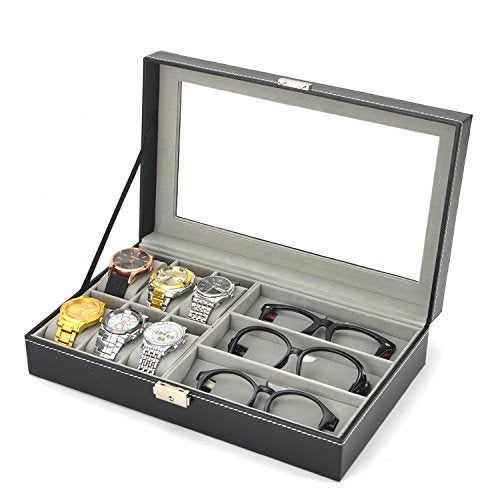 AUTOARK Leather 6 Watch and 3 Eyeglasses&Sunglasses Box with Jewelry Display Case Organizer,Mens Women Storage Holder Boxes,Glass Top,Black,AW-004
