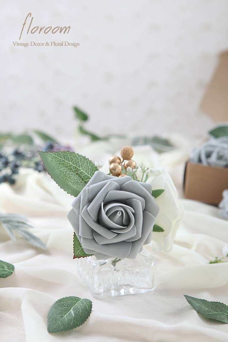 Floroom Artificial Flowers 25pcs Real Looking Ivory Foam Fake Roses with Stems for DIY Wedding Bouquets White Bridal Shower Centerpieces Arrangements Party Tables Decorations