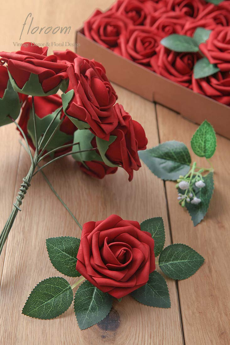 Floroom Artificial Flowers 25pcs Real Looking Ivory Foam Fake Roses with Stems for DIY Wedding Bouquets White Bridal Shower Centerpieces Arrangements Party Tables Decorations