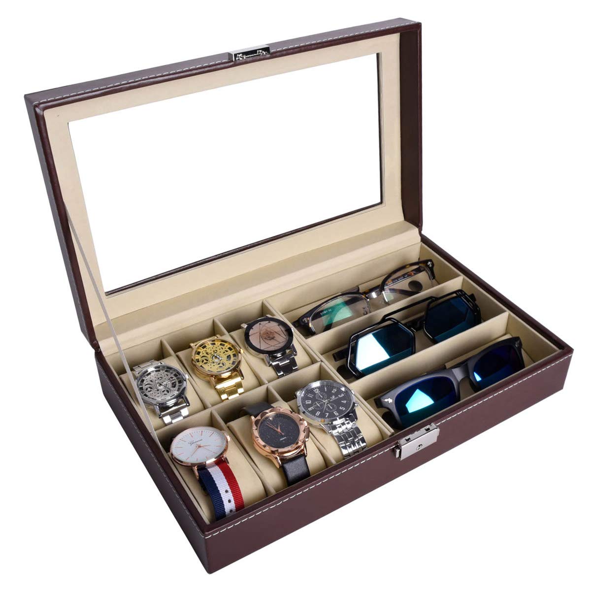 AUTOARK Leather 6 Watch and 3 Eyeglasses&Sunglasses Box with Jewelry Display Case Organizer,Mens Women Storage Holder Boxes,Glass Top,Black,AW-004