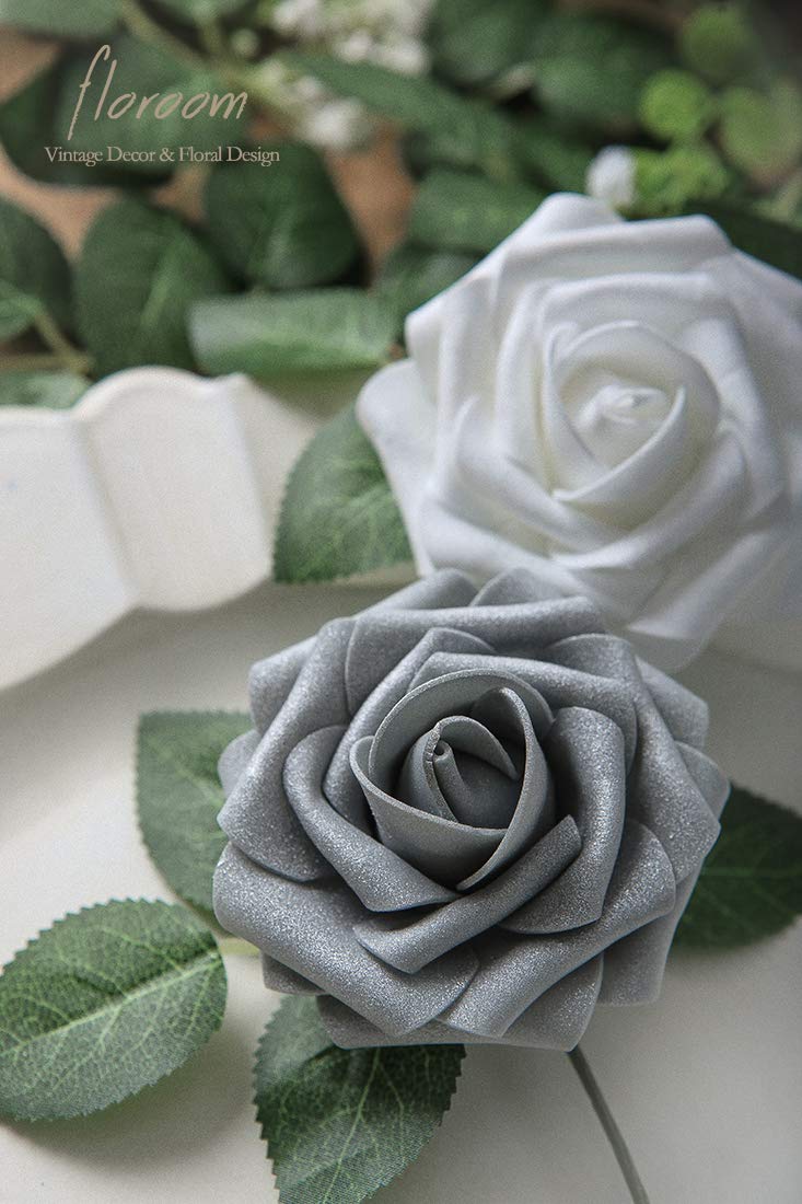 Floroom Artificial Flowers 25pcs Real Looking Ivory Foam Fake Roses with Stems for DIY Wedding Bouquets White Bridal Shower Centerpieces Arrangements Party Tables Decorations
