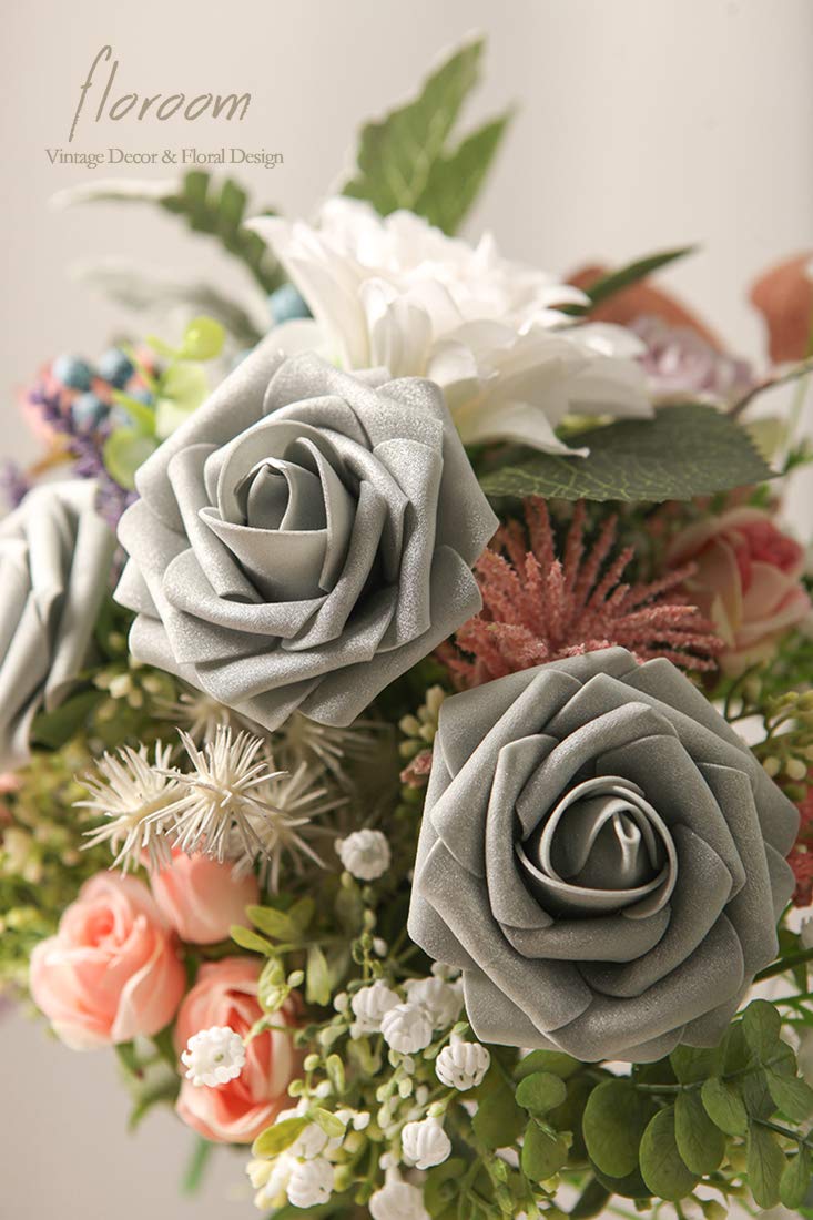Floroom Artificial Flowers 25pcs Real Looking Ivory Foam Fake Roses with Stems for DIY Wedding Bouquets White Bridal Shower Centerpieces Arrangements Party Tables Decorations