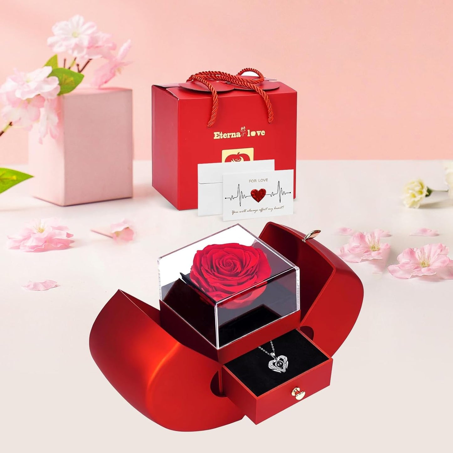 Preserved Real Rose with I Love You Necklace 100 Languages, Forever Flower Rose Gifts for Girlfriend, Women, Mom, Wife, Gifts Idea on Christmas,Valentine's Day,Birthday, Anniversary