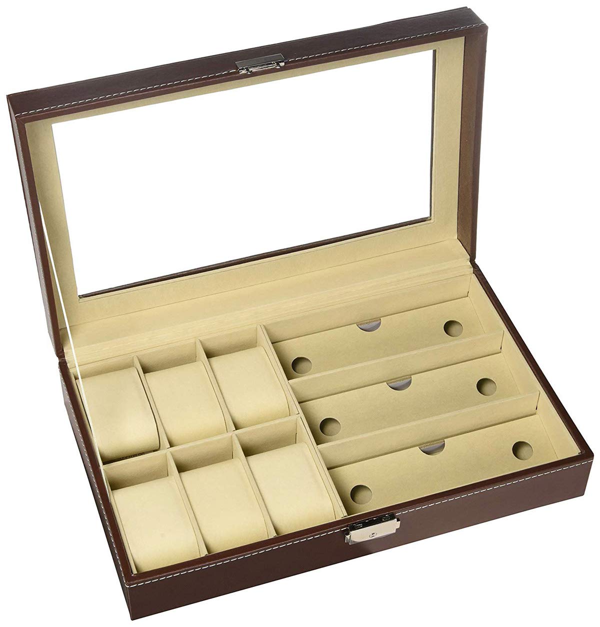 AUTOARK Leather 6 Watch and 3 Eyeglasses&Sunglasses Box with Jewelry Display Case Organizer,Mens Women Storage Holder Boxes,Glass Top,Black,AW-004