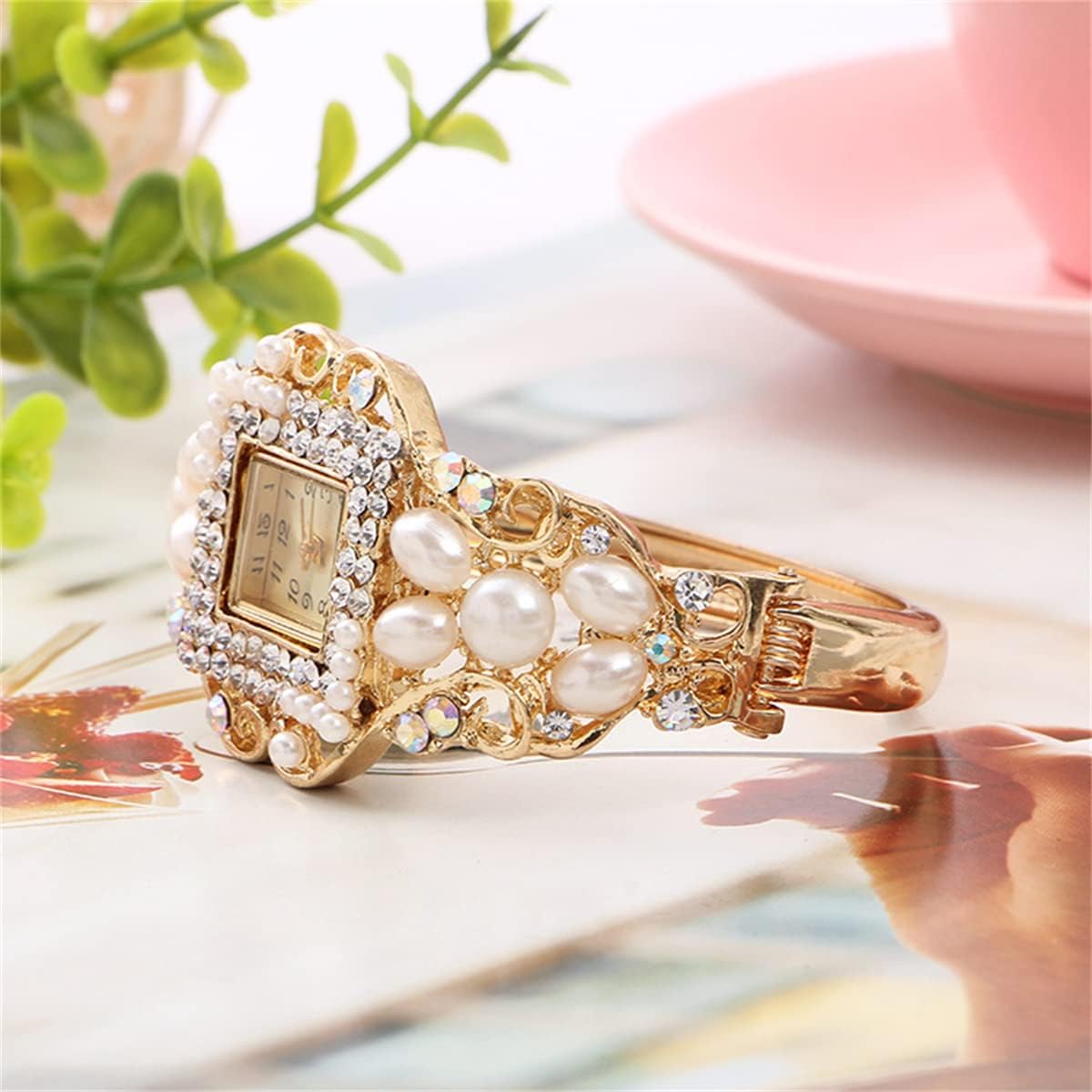 CdyBox Women Pearl Flower Bracelet Watch Square Dial Quartz Bangle Wrist Watch Lady Diamond Jewelry Watches