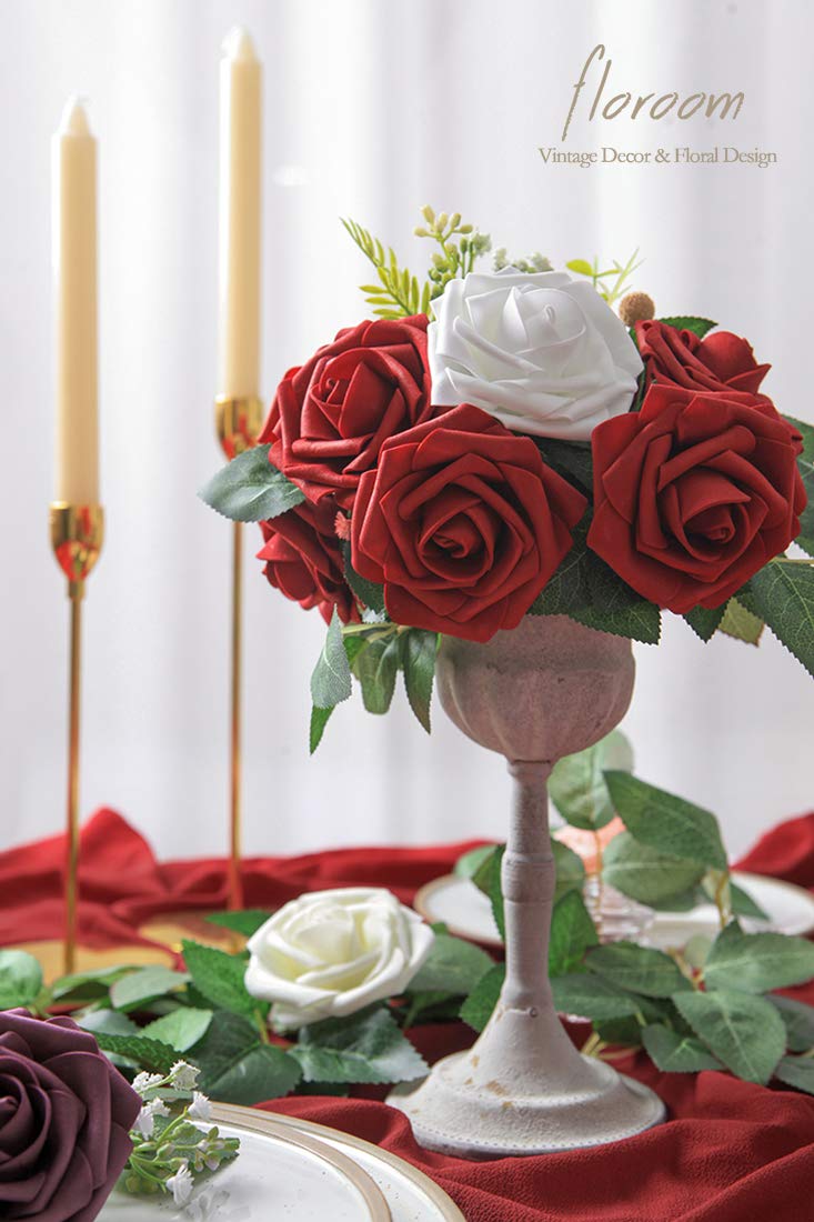 Floroom Artificial Flowers 25pcs Real Looking Ivory Foam Fake Roses with Stems for DIY Wedding Bouquets White Bridal Shower Centerpieces Arrangements Party Tables Decorations