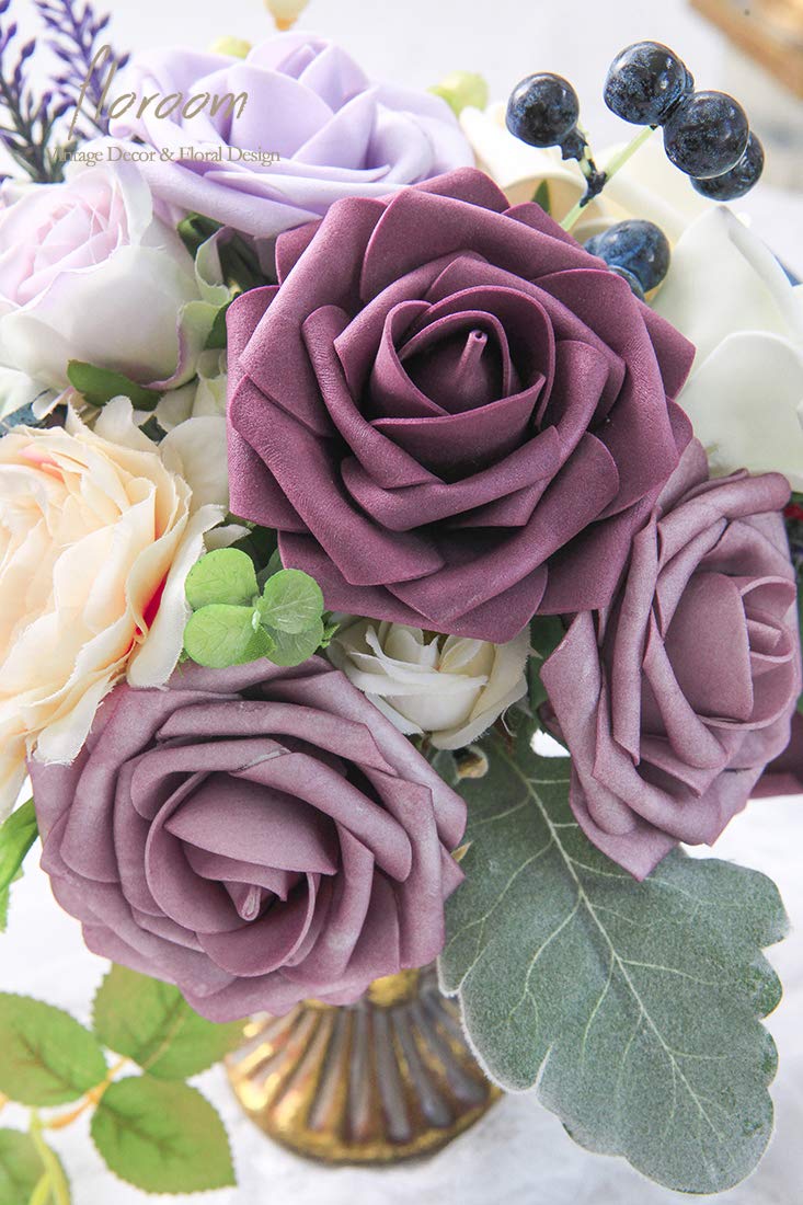 Floroom Artificial Flowers 25pcs Real Looking Ivory Foam Fake Roses with Stems for DIY Wedding Bouquets White Bridal Shower Centerpieces Arrangements Party Tables Decorations