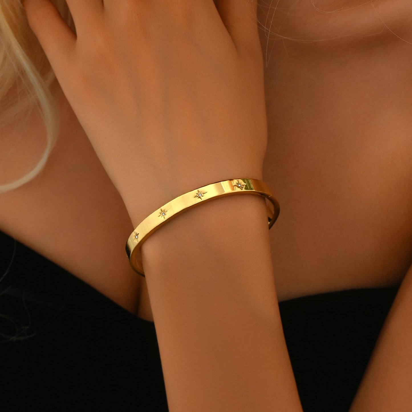 Gold bracelet for Women 18K Gold Plated Bamboo Watch Band Star Labyrinth Bangle Bracelets Dainty Stainless Steel Jewelry Gifts