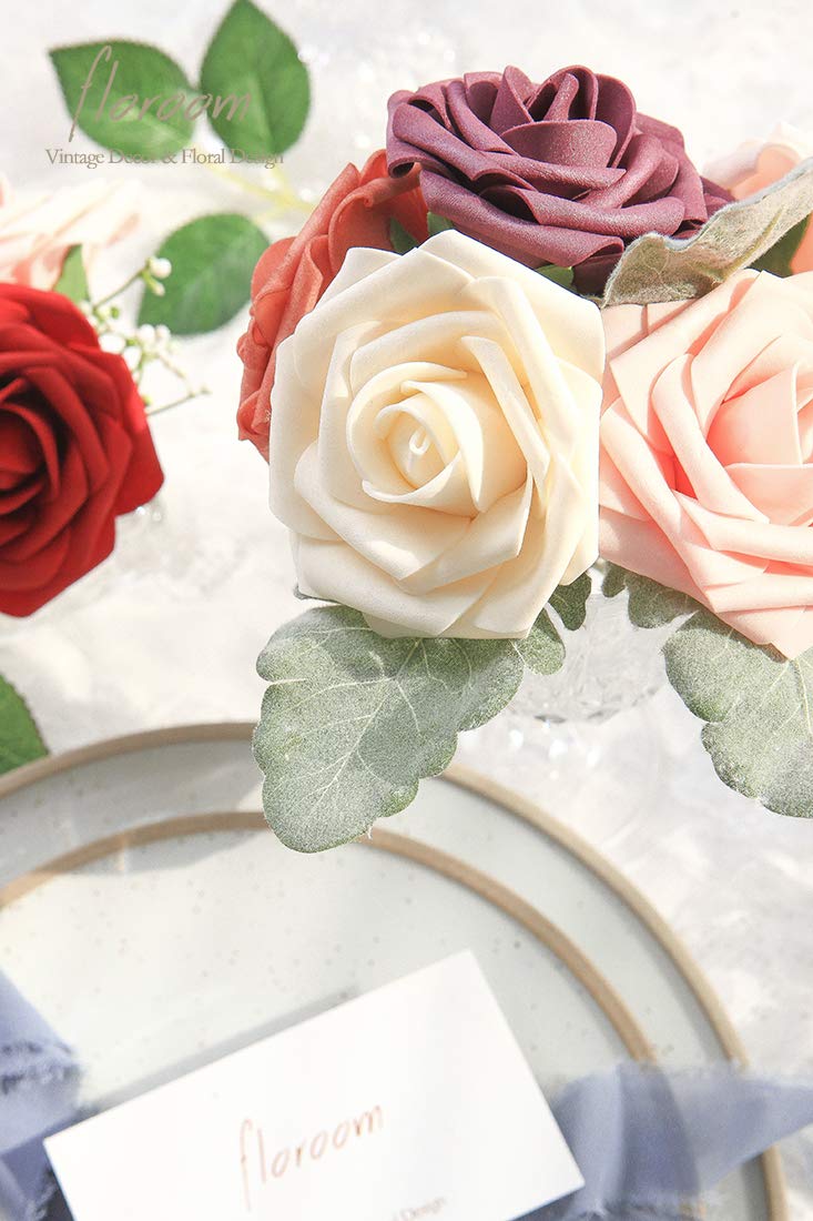 Floroom Artificial Flowers 25pcs Real Looking Ivory Foam Fake Roses with Stems for DIY Wedding Bouquets White Bridal Shower Centerpieces Arrangements Party Tables Decorations