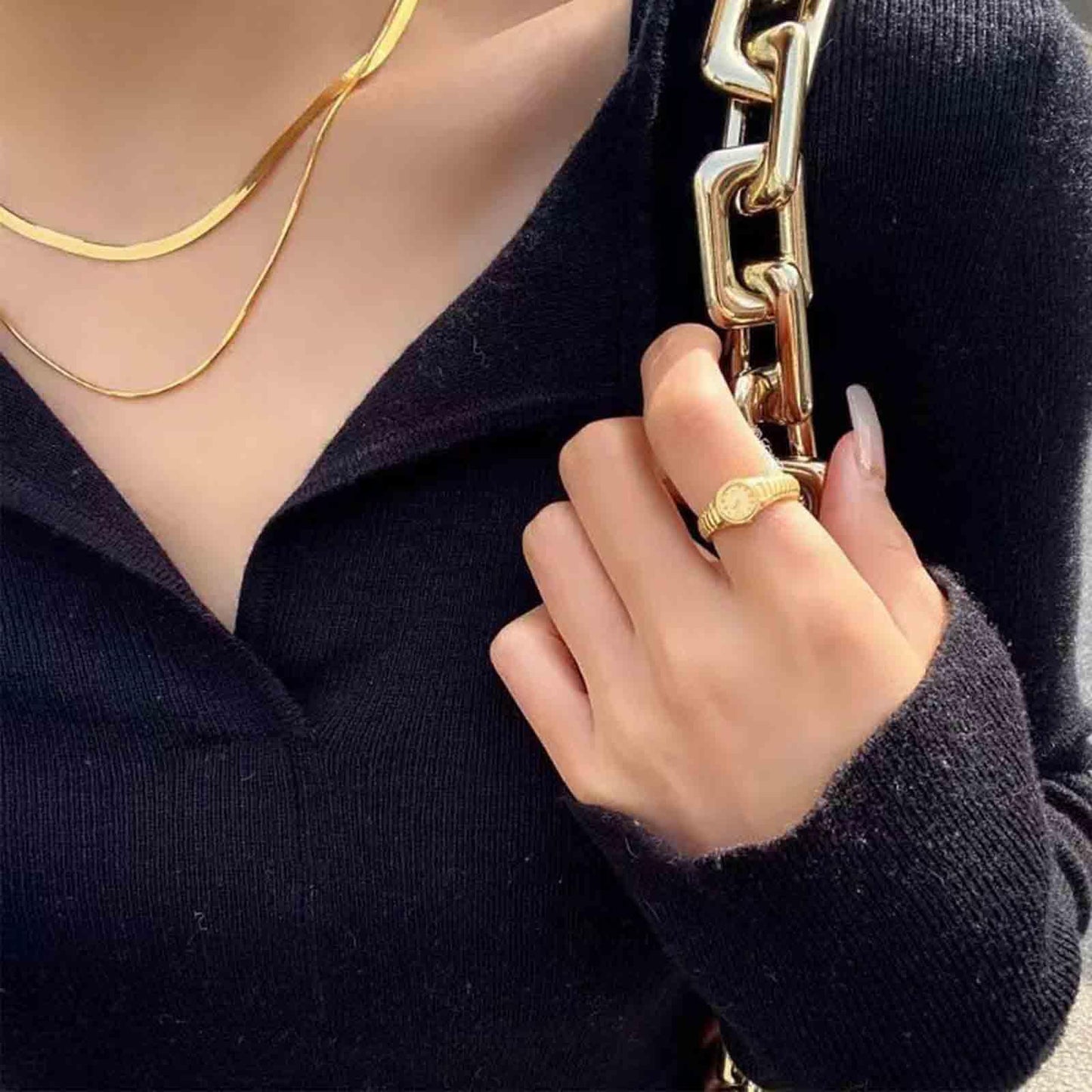 Vintage Round Watch Finger Ring Thick Clock Ring Small Watch Ring Adjustable Open Ring Gold Signet Rings Jewelry for Women