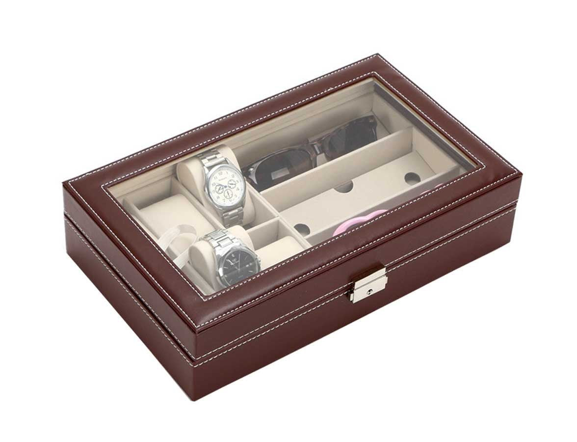 AUTOARK Leather 6 Watch and 3 Eyeglasses&Sunglasses Box with Jewelry Display Case Organizer,Mens Women Storage Holder Boxes,Glass Top,Black,AW-004