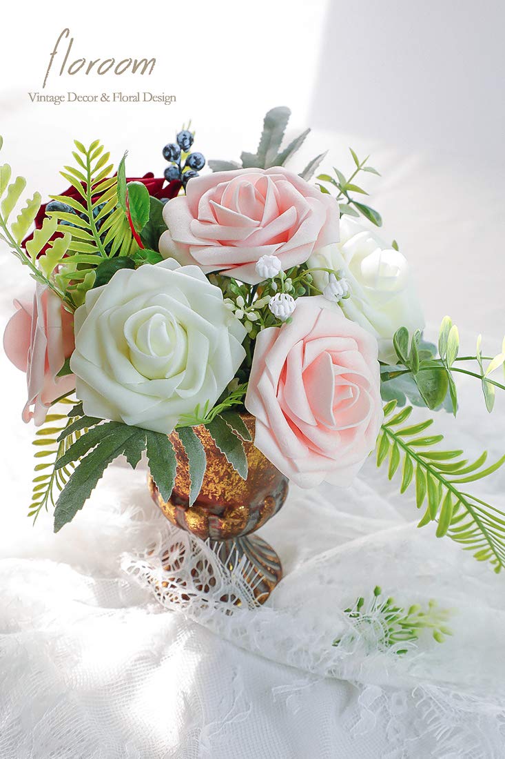 Floroom Artificial Flowers 25pcs Real Looking Ivory Foam Fake Roses with Stems for DIY Wedding Bouquets White Bridal Shower Centerpieces Arrangements Party Tables Decorations