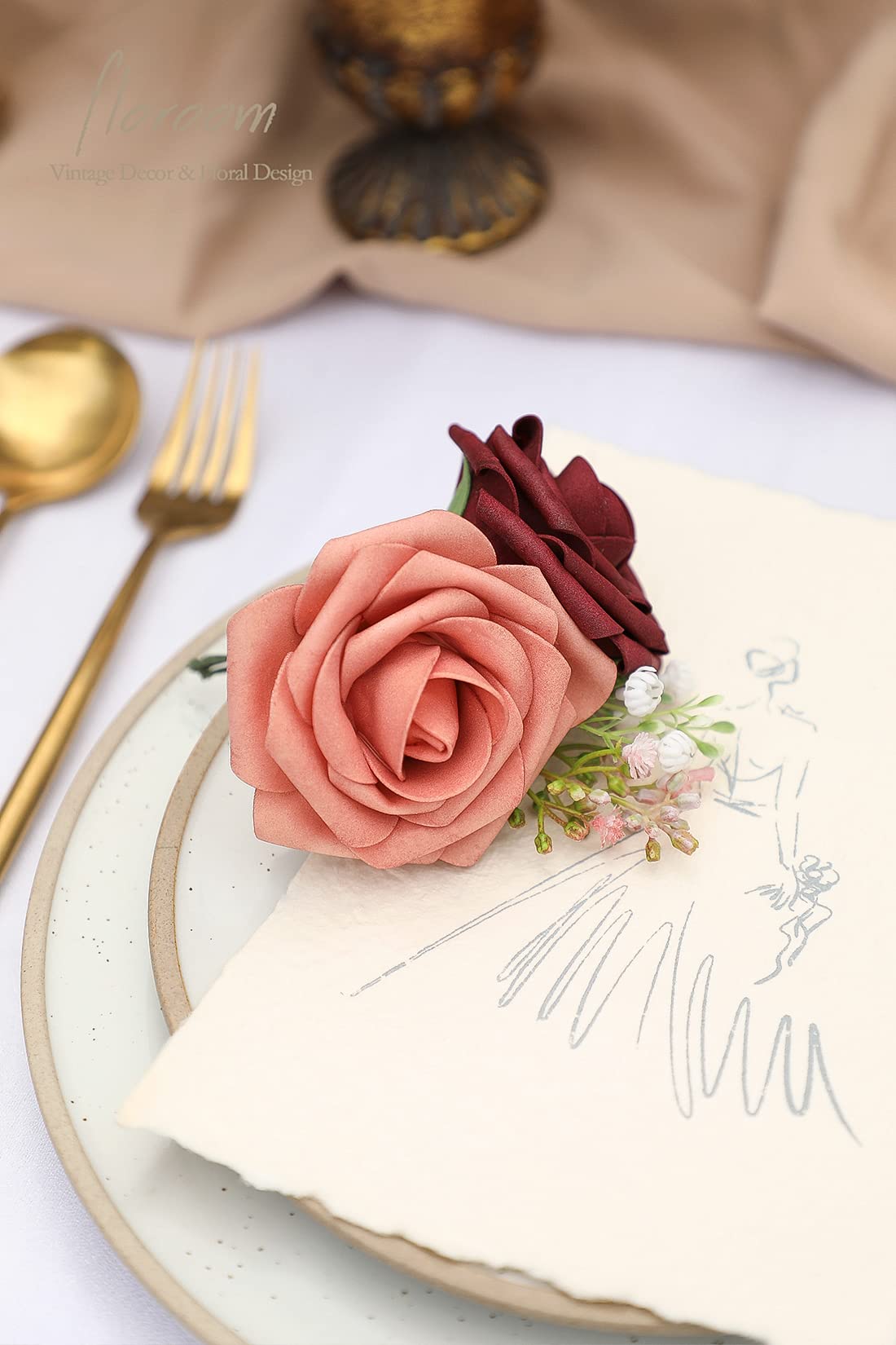 Floroom Artificial Flowers 25pcs Real Looking Ivory Foam Fake Roses with Stems for DIY Wedding Bouquets White Bridal Shower Centerpieces Arrangements Party Tables Decorations