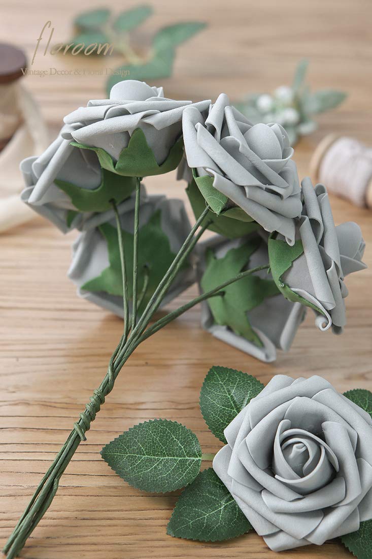 Floroom Artificial Flowers 25pcs Real Looking Ivory Foam Fake Roses with Stems for DIY Wedding Bouquets White Bridal Shower Centerpieces Arrangements Party Tables Decorations