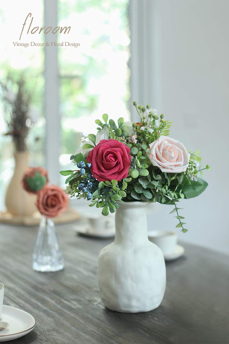 Floroom Artificial Flowers 25pcs Real Looking Ivory Foam Fake Roses with Stems for DIY Wedding Bouquets White Bridal Shower Centerpieces Arrangements Party Tables Decorations