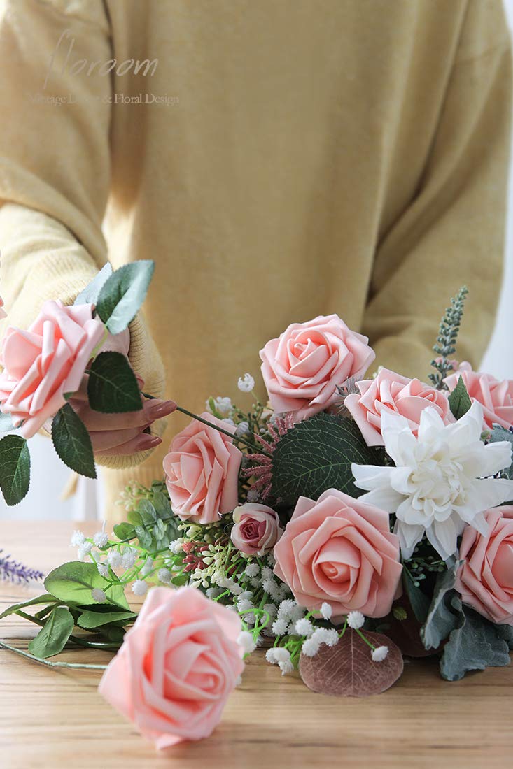 Floroom Artificial Flowers 25pcs Real Looking Ivory Foam Fake Roses with Stems for DIY Wedding Bouquets White Bridal Shower Centerpieces Arrangements Party Tables Decorations