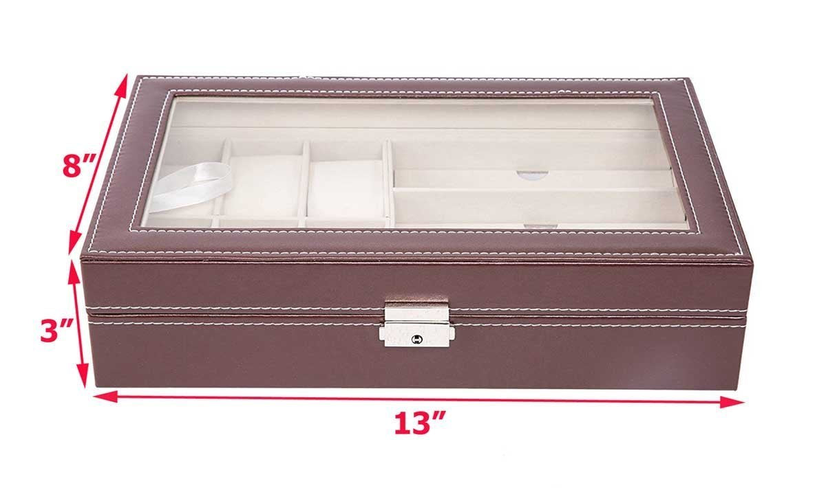 AUTOARK Leather 6 Watch and 3 Eyeglasses&Sunglasses Box with Jewelry Display Case Organizer,Mens Women Storage Holder Boxes,Glass Top,Black,AW-004