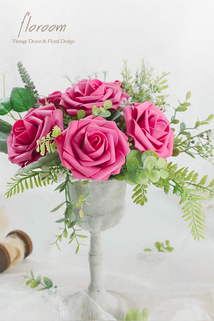 Floroom Artificial Flowers 25pcs Real Looking Ivory Foam Fake Roses with Stems for DIY Wedding Bouquets White Bridal Shower Centerpieces Arrangements Party Tables Decorations