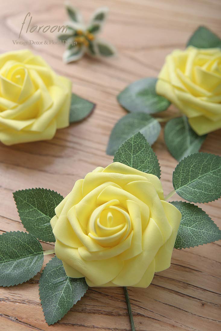 Floroom Artificial Flowers 25pcs Real Looking Ivory Foam Fake Roses with Stems for DIY Wedding Bouquets White Bridal Shower Centerpieces Arrangements Party Tables Decorations