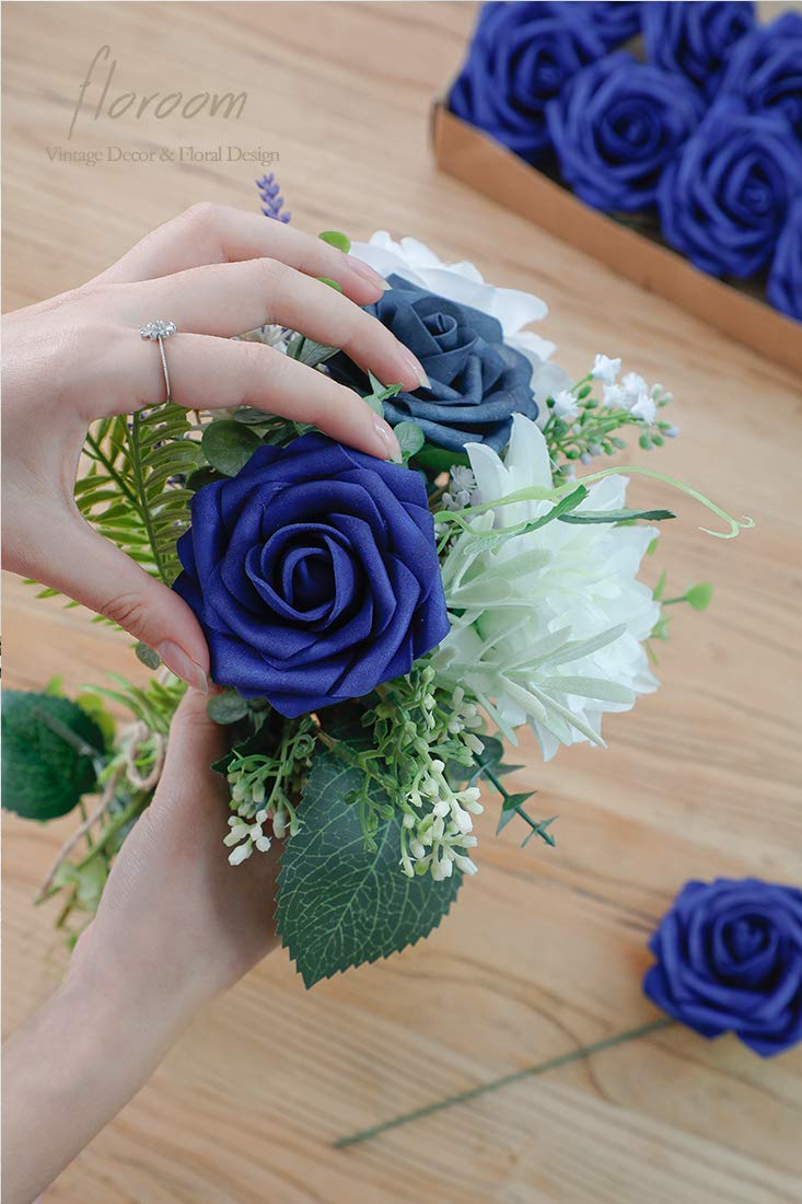Floroom Artificial Flowers 25pcs Real Looking Ivory Foam Fake Roses with Stems for DIY Wedding Bouquets White Bridal Shower Centerpieces Arrangements Party Tables Decorations
