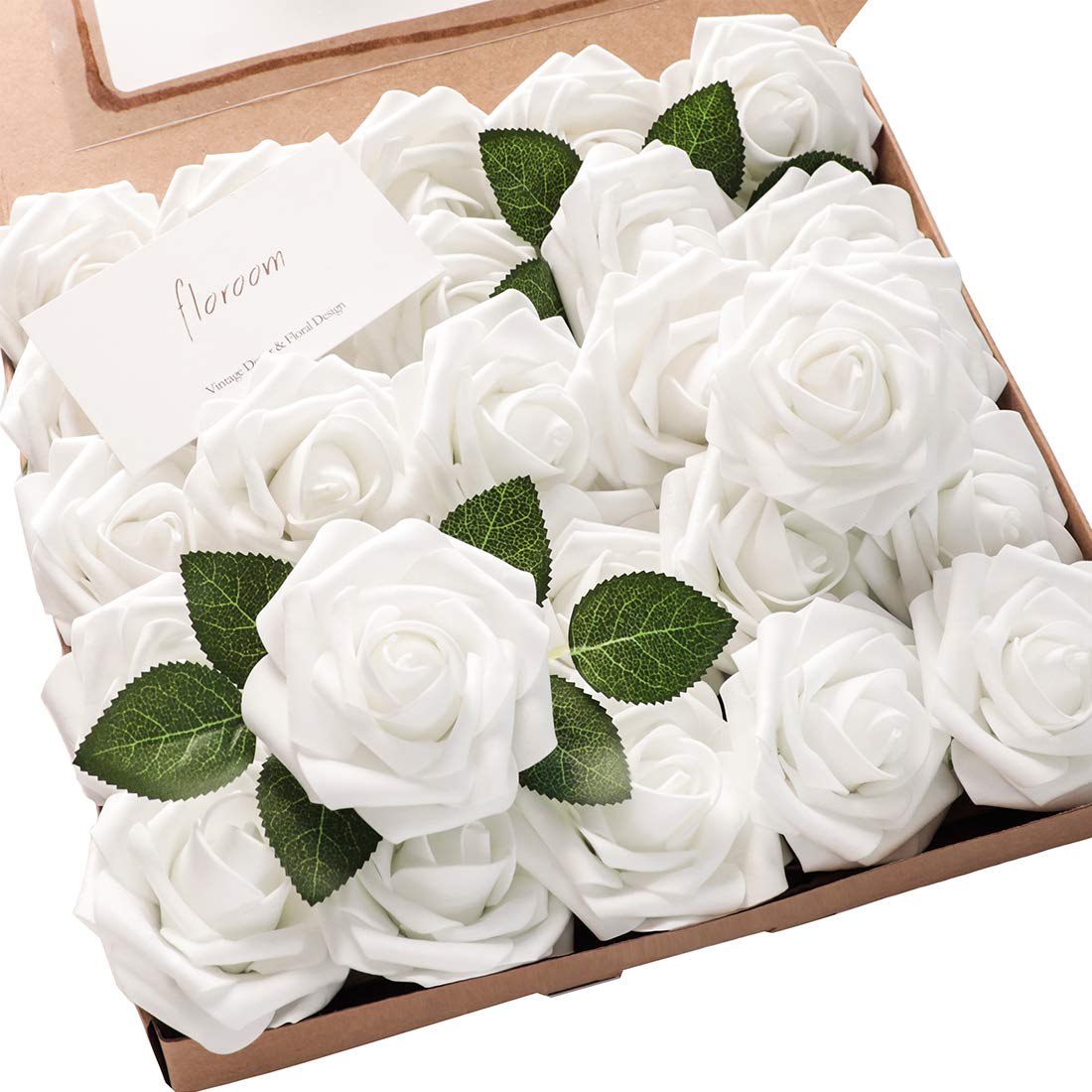 Floroom Artificial Flowers 25pcs Real Looking Ivory Foam Fake Roses with Stems for DIY Wedding Bouquets White Bridal Shower Centerpieces Arrangements Party Tables Decorations