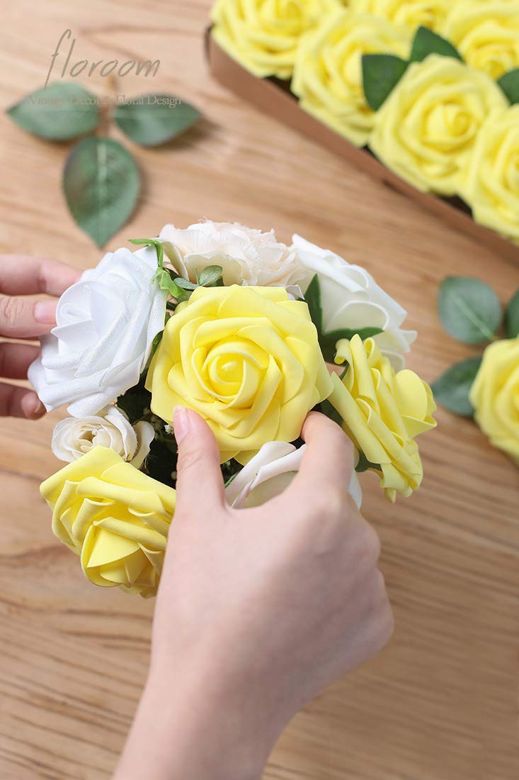 Floroom Artificial Flowers 25pcs Real Looking Ivory Foam Fake Roses with Stems for DIY Wedding Bouquets White Bridal Shower Centerpieces Arrangements Party Tables Decorations