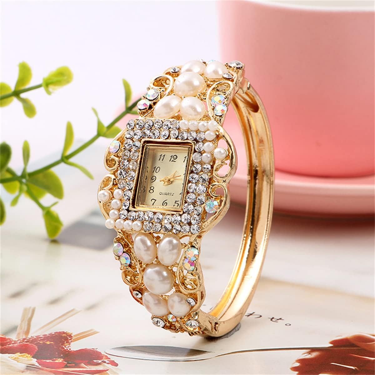 CdyBox Women Pearl Flower Bracelet Watch Square Dial Quartz Bangle Wrist Watch Lady Diamond Jewelry Watches