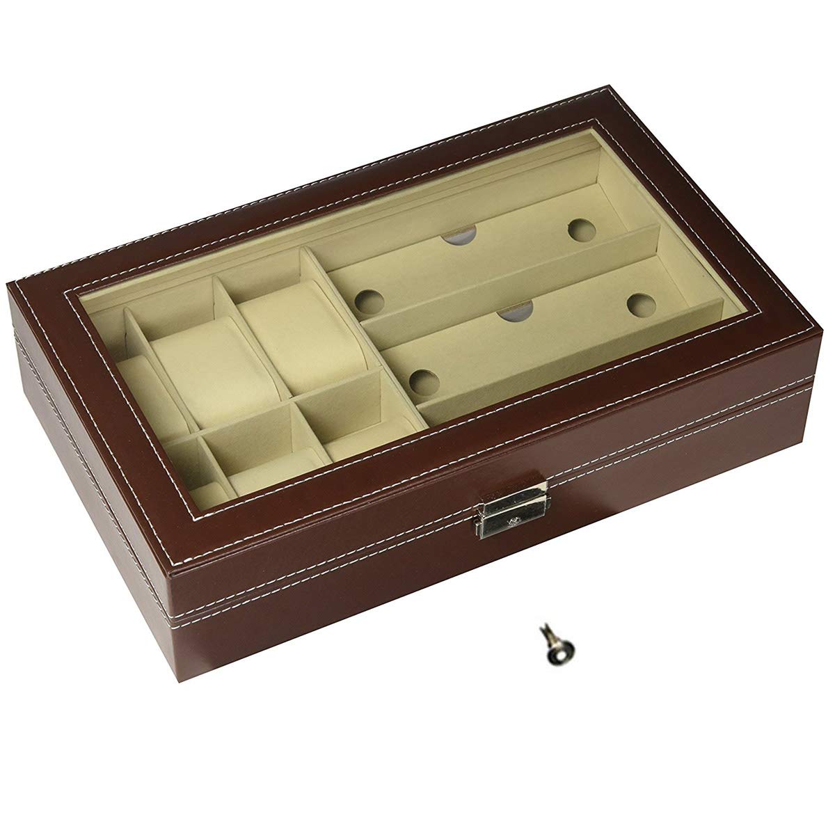 AUTOARK Leather 6 Watch and 3 Eyeglasses&Sunglasses Box with Jewelry Display Case Organizer,Mens Women Storage Holder Boxes,Glass Top,Black,AW-004