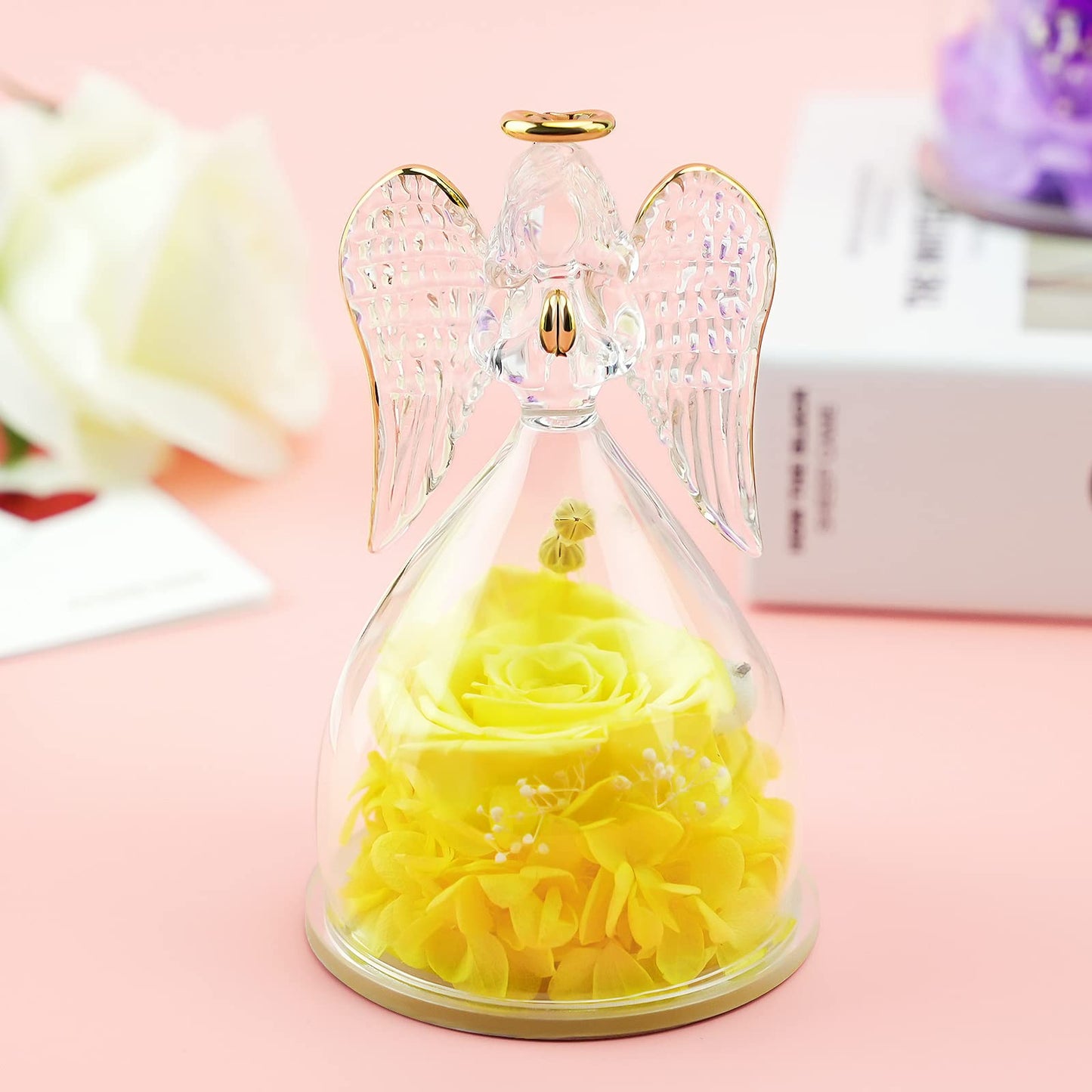 Sunia Preserved Flower Rose Birthday Gifts for Mom, Glass Angels Figurines Gifts for Women Grandma Mothers, Forever Real Flowers Unique Gifts for Valentine Mother's Day Anniversary Thanksgiving ﻿