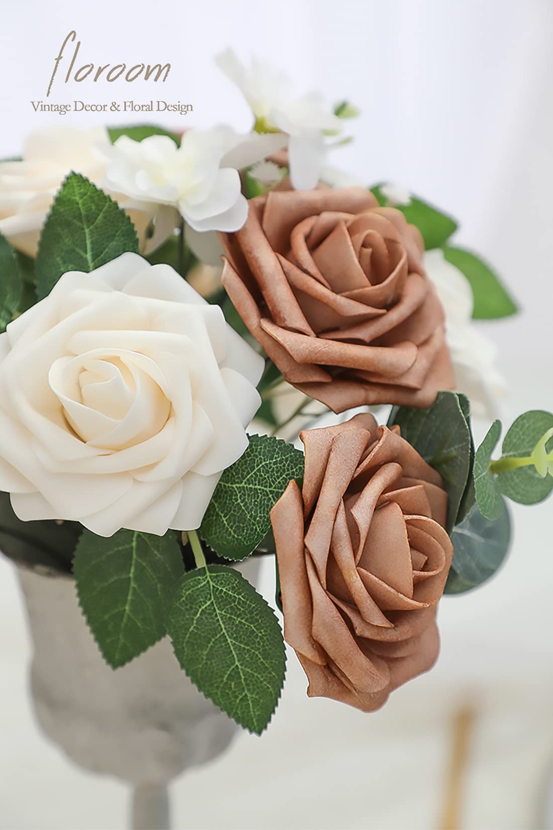 Floroom Artificial Flowers 25pcs Real Looking Ivory Foam Fake Roses with Stems for DIY Wedding Bouquets White Bridal Shower Centerpieces Arrangements Party Tables Decorations