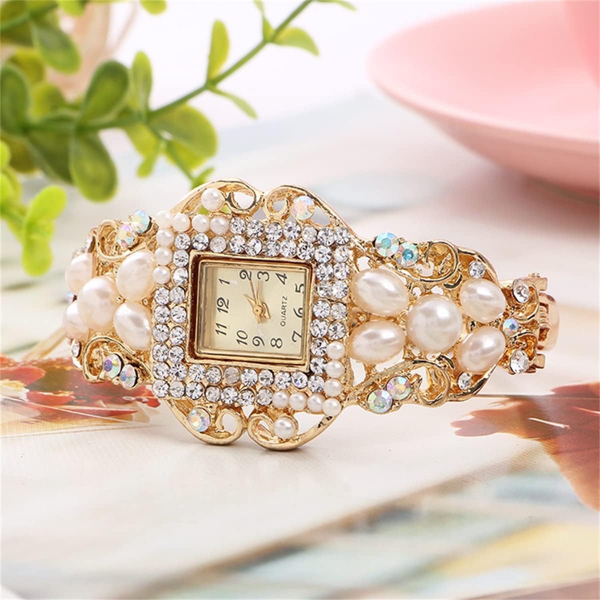 CdyBox Women Pearl Flower Bracelet Watch Square Dial Quartz Bangle Wrist Watch Lady Diamond Jewelry Watches