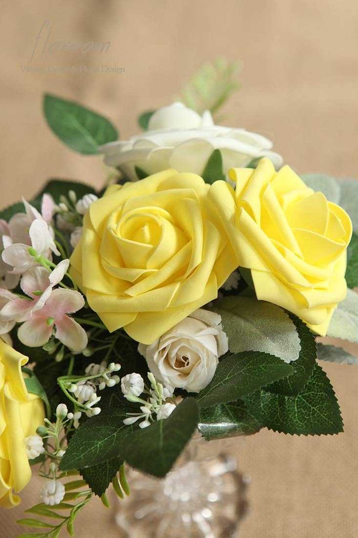 Floroom Artificial Flowers 25pcs Real Looking Ivory Foam Fake Roses with Stems for DIY Wedding Bouquets White Bridal Shower Centerpieces Arrangements Party Tables Decorations