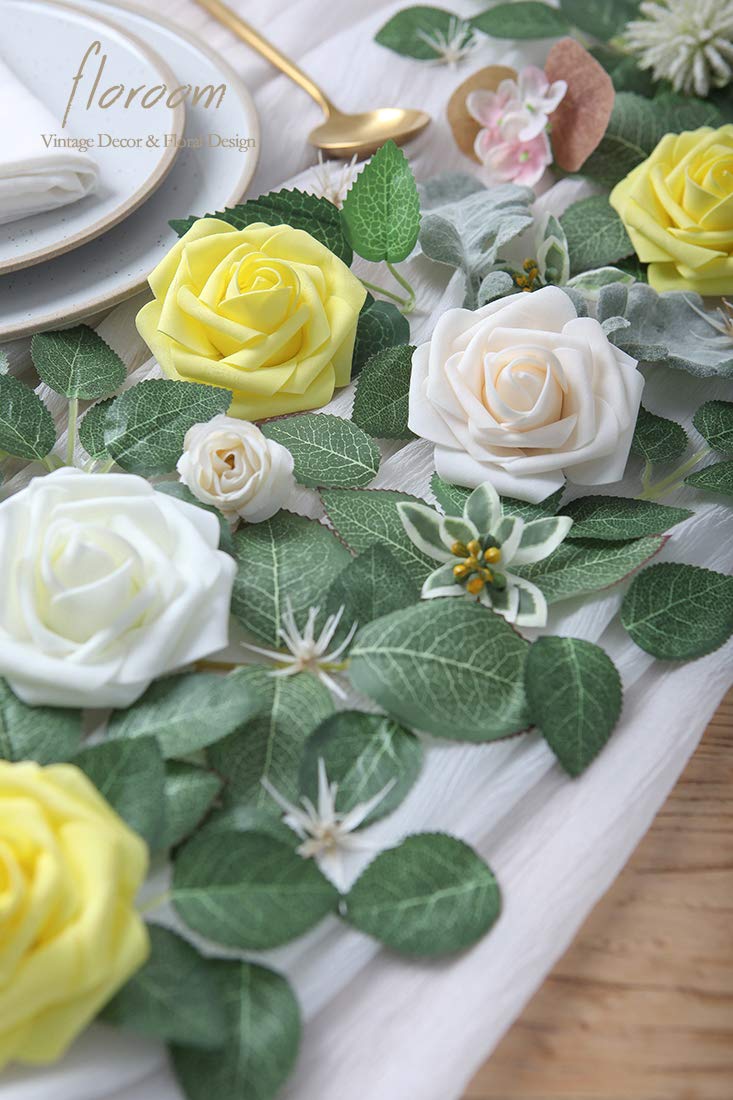 Floroom Artificial Flowers 25pcs Real Looking Ivory Foam Fake Roses with Stems for DIY Wedding Bouquets White Bridal Shower Centerpieces Arrangements Party Tables Decorations