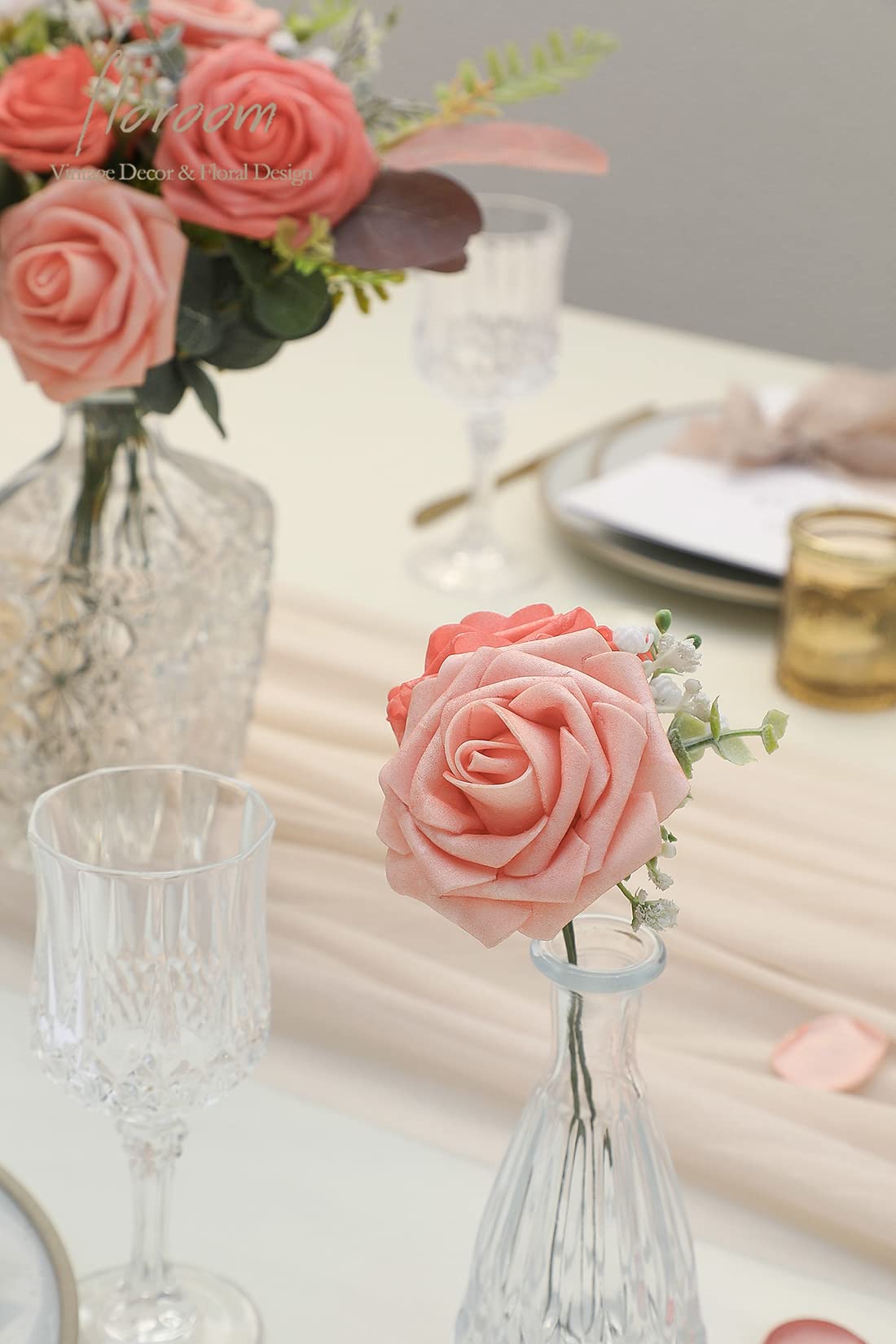 Floroom Artificial Flowers 25pcs Real Looking Ivory Foam Fake Roses with Stems for DIY Wedding Bouquets White Bridal Shower Centerpieces Arrangements Party Tables Decorations