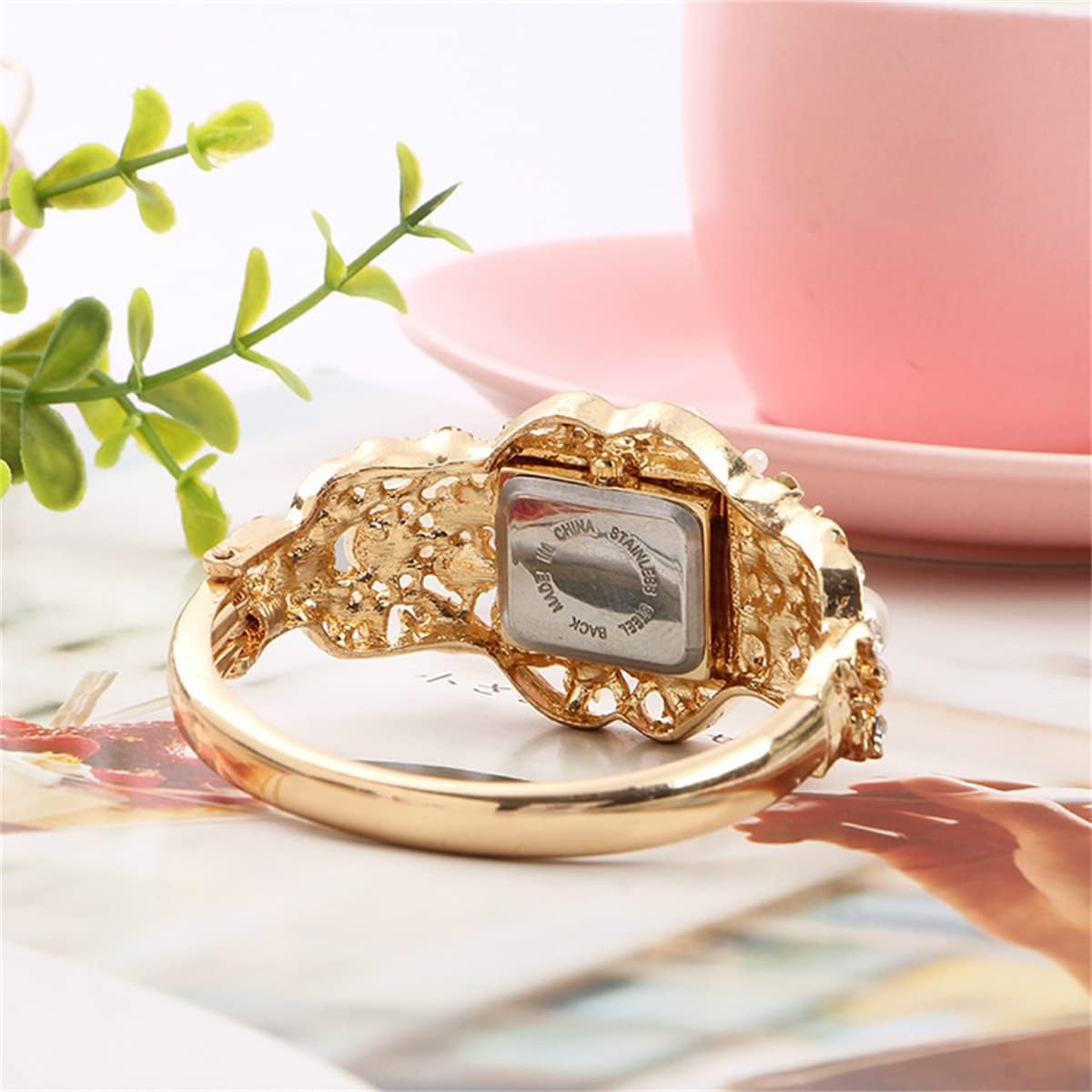 CdyBox Women Pearl Flower Bracelet Watch Square Dial Quartz Bangle Wrist Watch Lady Diamond Jewelry Watches