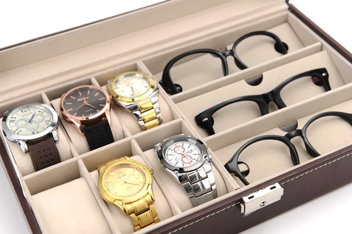 AUTOARK Leather 6 Watch and 3 Eyeglasses&Sunglasses Box with Jewelry Display Case Organizer,Mens Women Storage Holder Boxes,Glass Top,Black,AW-004