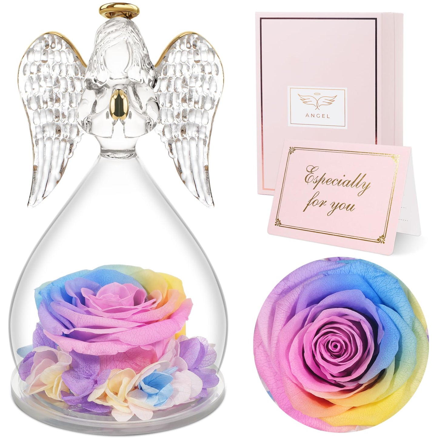 Sunia Preserved Flower Rose Birthday Gifts for Mom, Glass Angels Figurines Gifts for Women Grandma Mothers, Forever Real Flowers Unique Gifts for Valentine Mother's Day Anniversary Thanksgiving ﻿