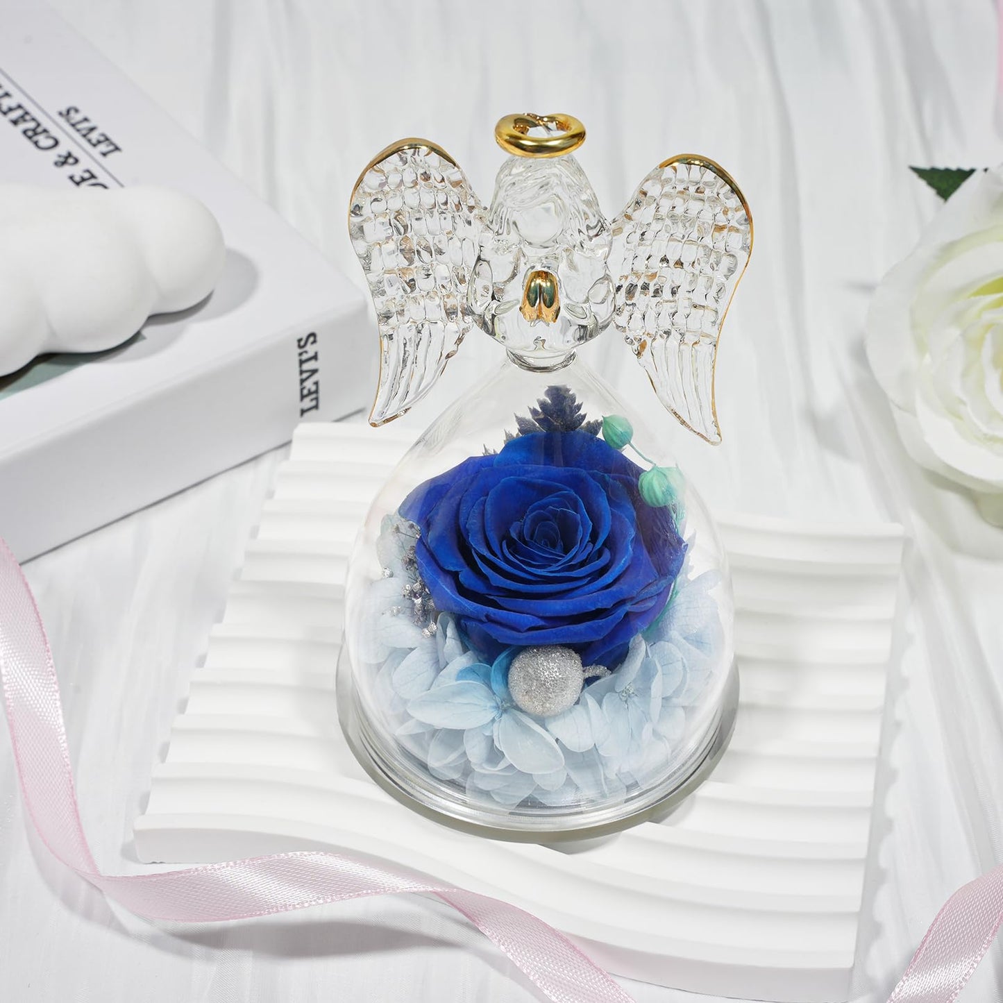 Sunia Preserved Flower Rose Birthday Gifts for Mom, Glass Angels Figurines Gifts for Women Grandma Mothers, Forever Real Flowers Unique Gifts for Valentine Mother's Day Anniversary Thanksgiving ﻿