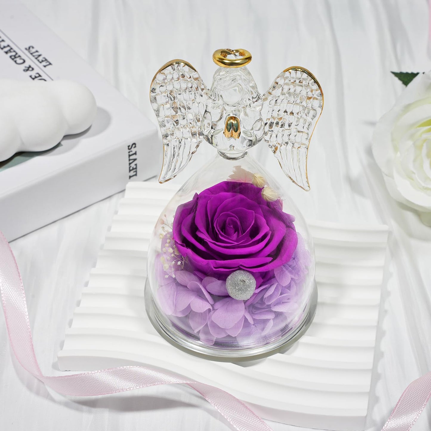 Sunia Preserved Flower Rose Birthday Gifts for Mom, Glass Angels Figurines Gifts for Women Grandma Mothers, Forever Real Flowers Unique Gifts for Valentine Mother's Day Anniversary Thanksgiving ﻿