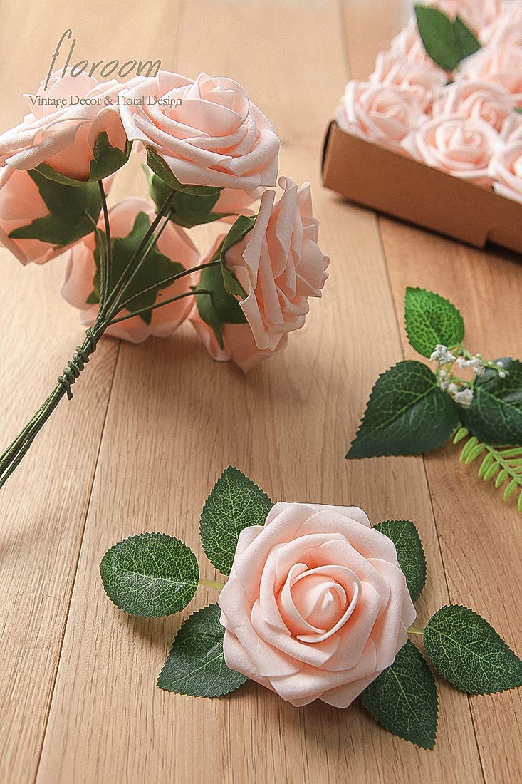 Floroom Artificial Flowers 25pcs Real Looking Ivory Foam Fake Roses with Stems for DIY Wedding Bouquets White Bridal Shower Centerpieces Arrangements Party Tables Decorations