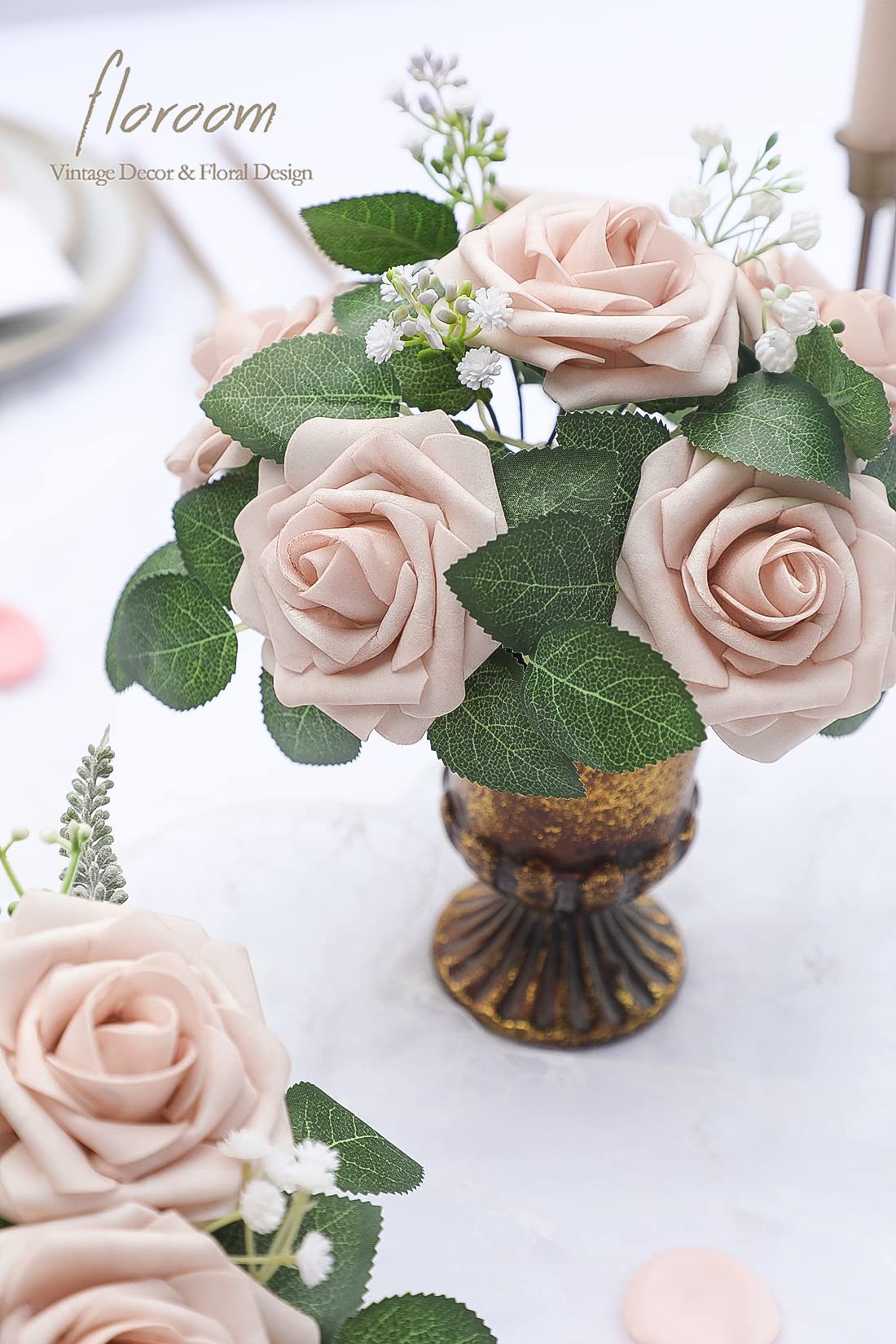 Floroom Artificial Flowers 25pcs Real Looking Ivory Foam Fake Roses with Stems for DIY Wedding Bouquets White Bridal Shower Centerpieces Arrangements Party Tables Decorations